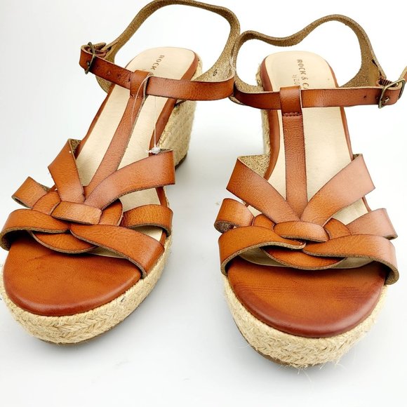 NEW ROCK & CANDY Brown Leather Espadrilles Wedge‎ 10 Platform Open Toe Strappy - Picture 4 of 13